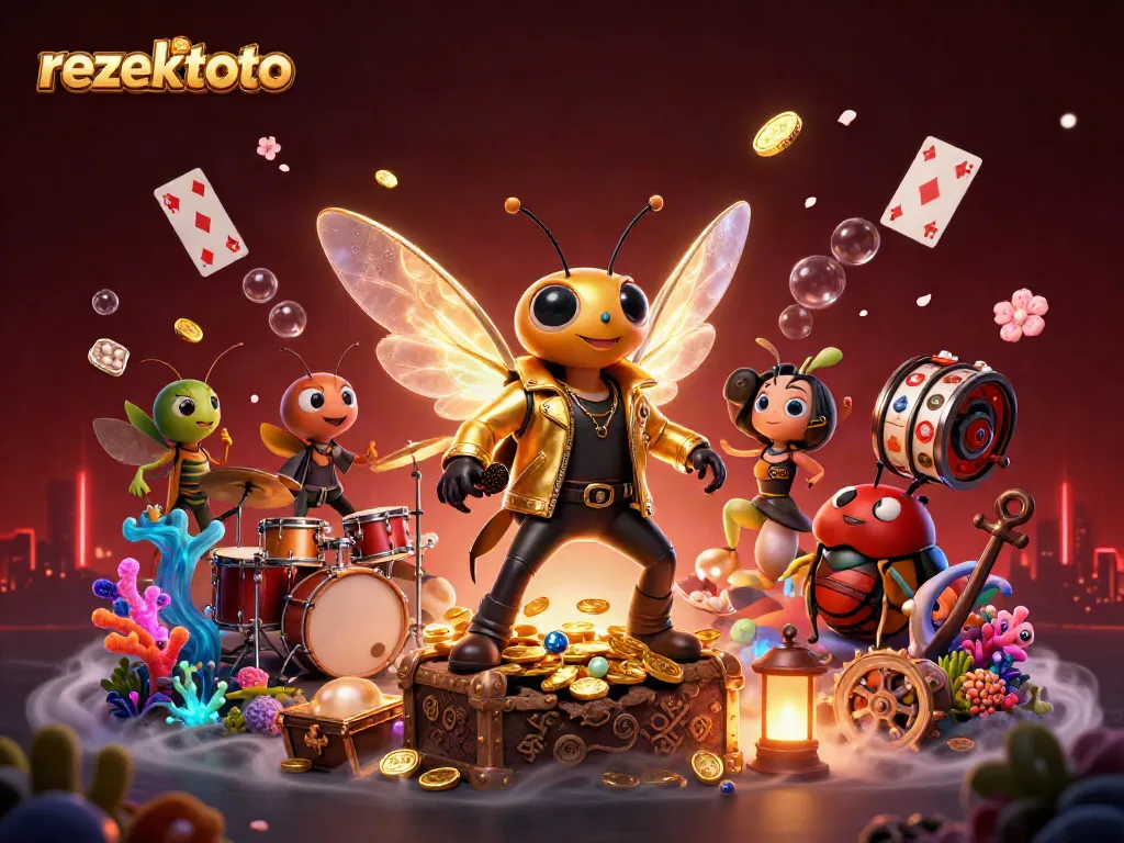 Engage with rezekitoto in a lively animated scene featuring colorful game elements and a rockstar cicada.