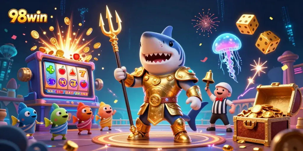 Experience thrilling gameplay with 98win as the tiger shark conquers jackpots in a vibrant underwater casino.