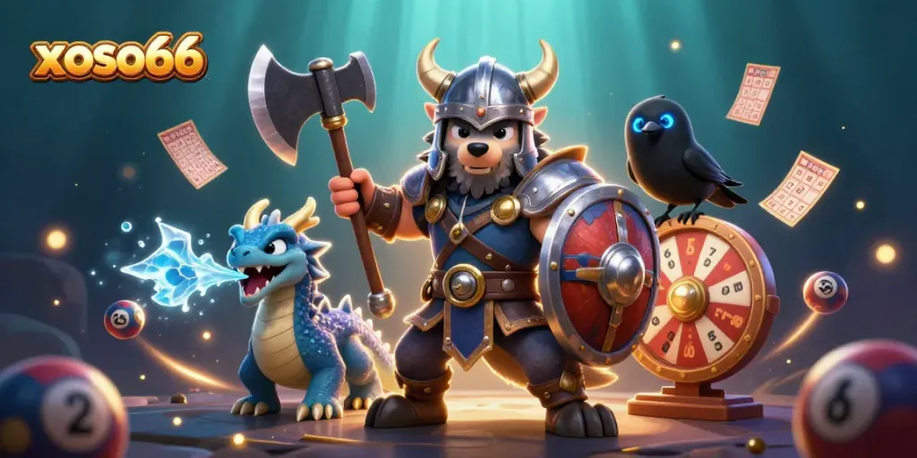 Engage with xoso66 lottery excitement featuring a Viking warrior, dragon, and vibrant game elements.