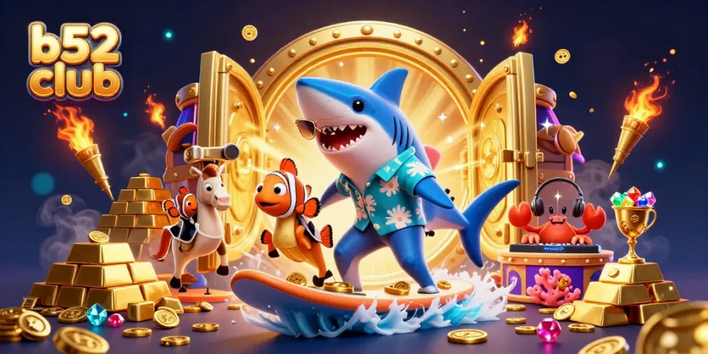 B52 club’s vibrant 3D illustration showcasing playful characters amidst a treasure scene in an exciting casino setting.