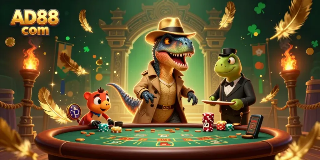 Interact with a lively casino scene showcasing AD88 com with a velociraptor card counter and unique characters amidst gambling excitement.
