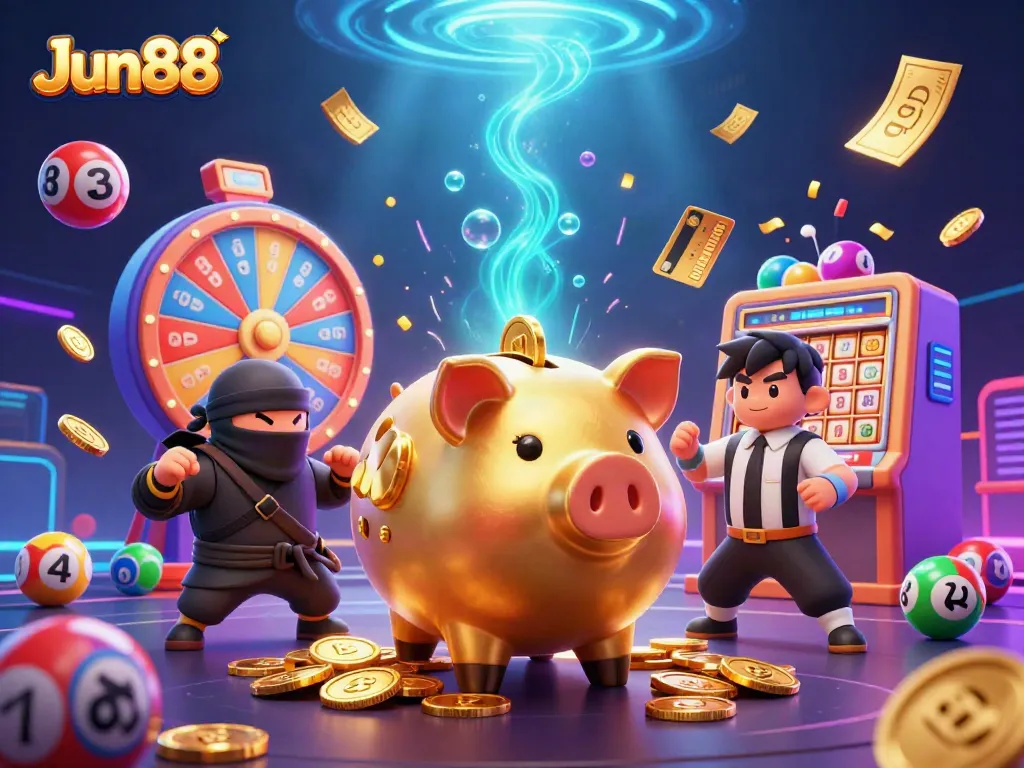 Experience thrilling moments at Jun88 with a vibrant casino-themed illustration featuring iconic gaming characters.