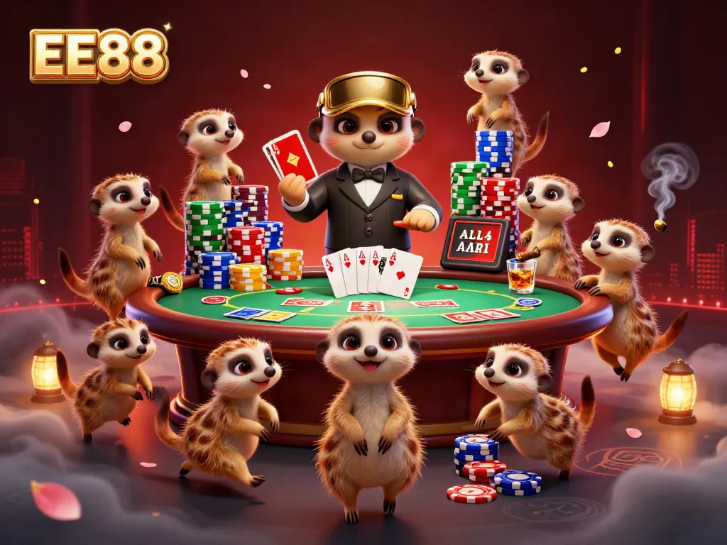 EE88 meerkats run a lively casino with vibrant poker elements in a dynamic scene.