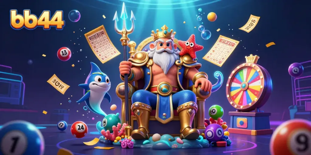 Experience the thrilling excitement of bb44 with a vibrant 3D illustration of Neptune and lottery elements.