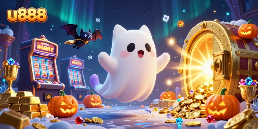 Experience the excitement of u888 casino gaming with a ghost cat and vampire bat in a vibrant scene.
