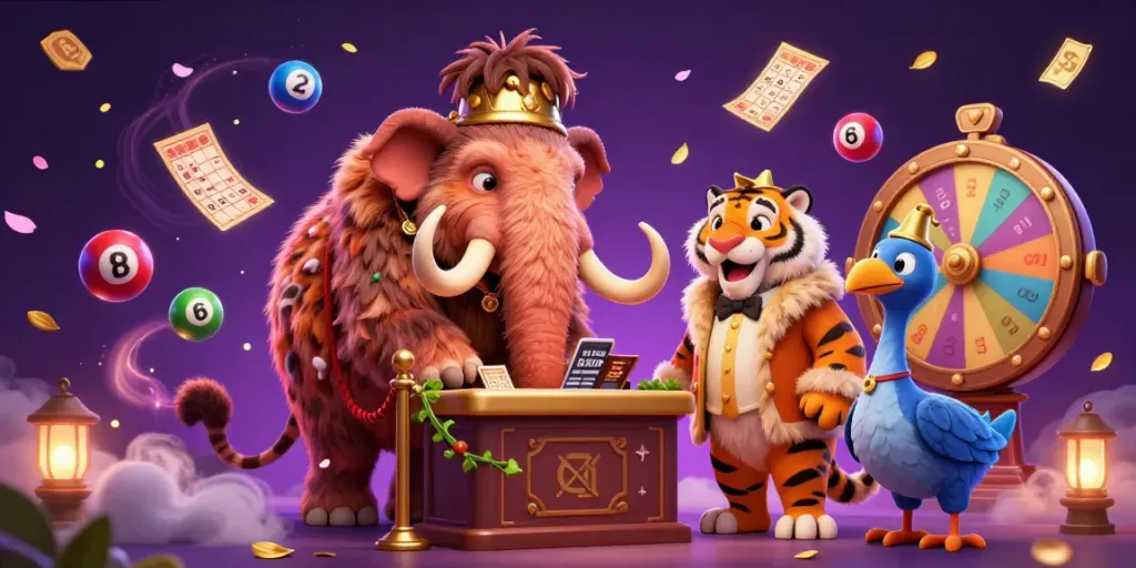 Engage with Rikvip's vibrant casino atmosphere featuring a woolly mammoth bouncer and saber-tooth tiger guest.