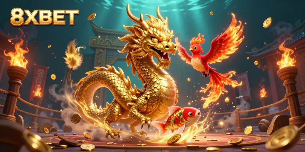 Experience thrilling winnings with 8XBET as majestic mythical creatures celebrate in a vibrant casino scene.