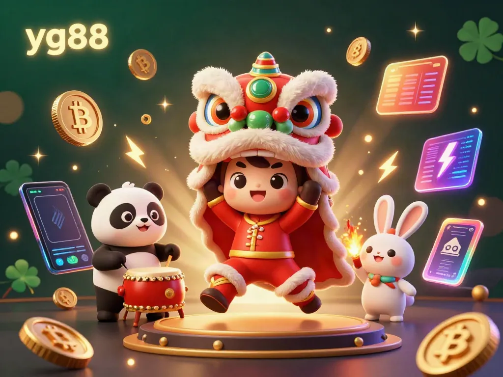 Experience the vibrant energy of yg88 with a lively lion dance featuring cute characters, vibrant decorations, and crypto elements in a dynamic casino scene.
