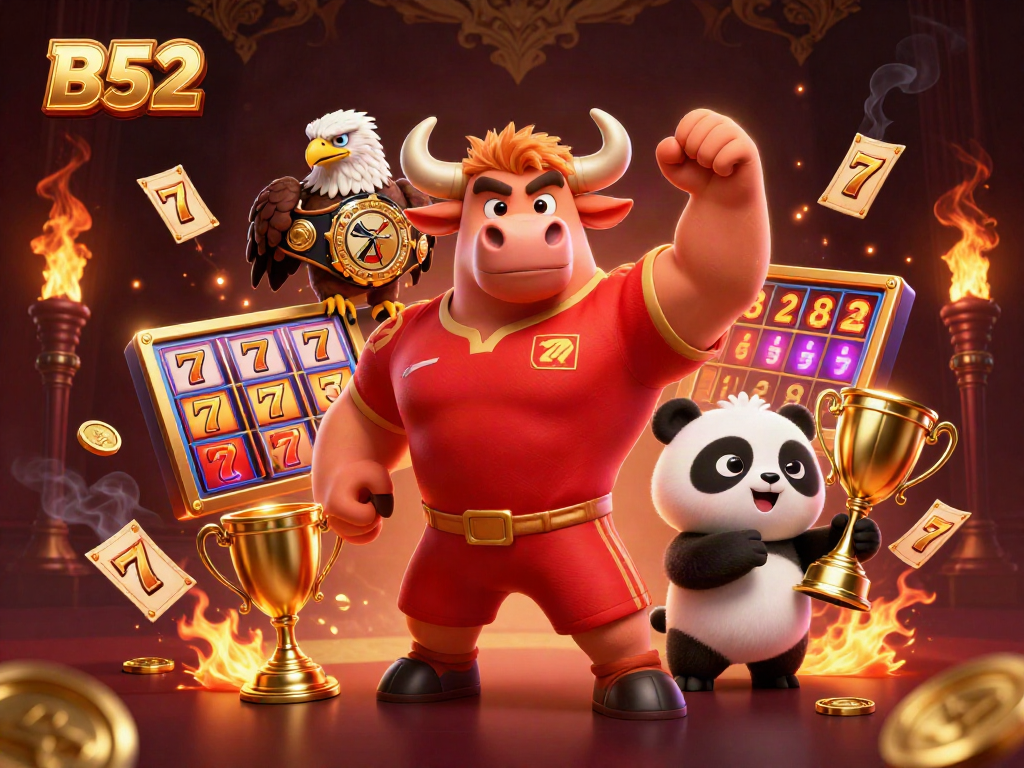B52 offers exciting slot machines and a victorious gaming atmosphere with vibrant characters celebrating wins.