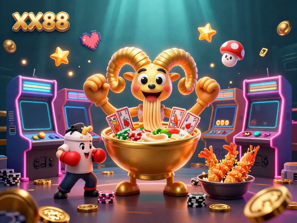 Win big with XX88, a lively illustration showing an energetic casino atmosphere packed with themed characters and game elements.