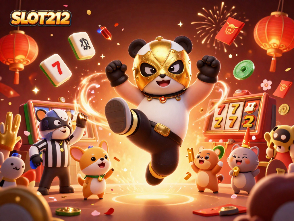 SLOT212 slot gaming excitement with a panda wrestler, a referee chihuahua, and vibrant casino elements.