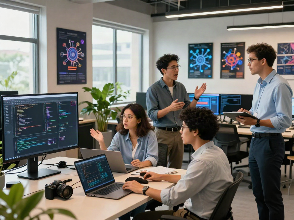 Team of professionals discussing AI innovation in dynamic workspace, highlighting 18+ ai technologies and collaboration