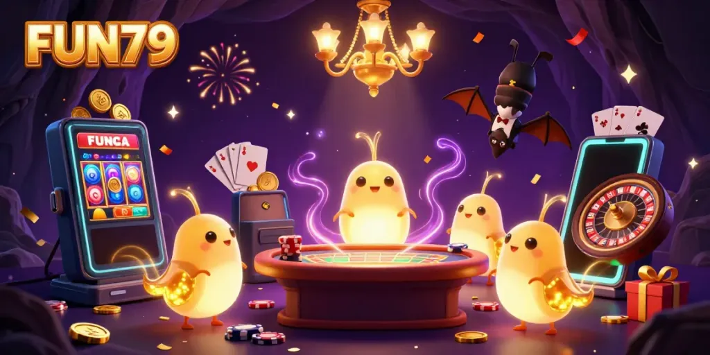 Engage with FUN79 in a vibrant cave casino illuminated by glowworms and featuring exciting slot games.