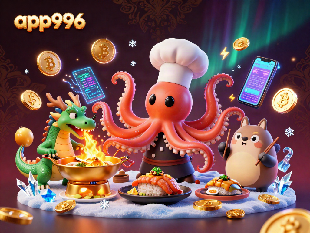 Engage with thrilling gameplay at app996, featuring a dynamic scene with unique characters and crypto elements.