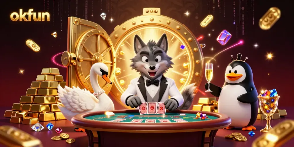 Engage with okfun's thrilling baccarat experience featuring lively characters and an opulent casino atmosphere.
