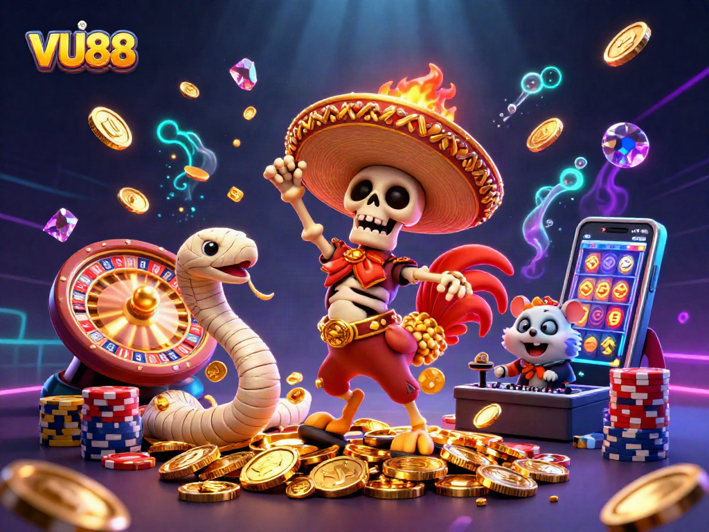 Celebrate winnings at VU88 with vibrant characters and dynamic casino elements.
