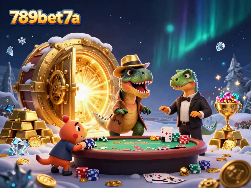 Engage in action at 789bet7a with a velociraptor counting cards amidst vibrant casino gems.