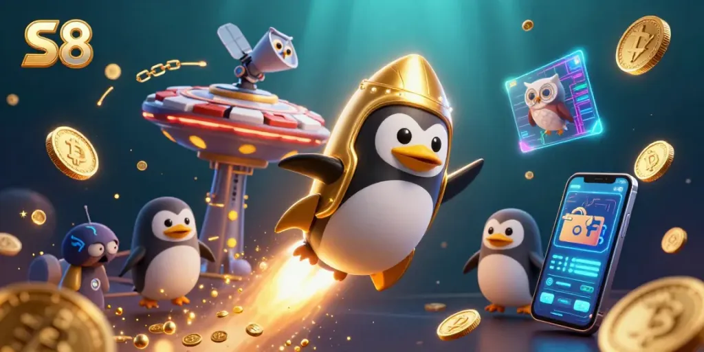 Experience the excitement of S8 Casino through a vibrant 3D illustration of a rocket-powered penguin and casino elements.