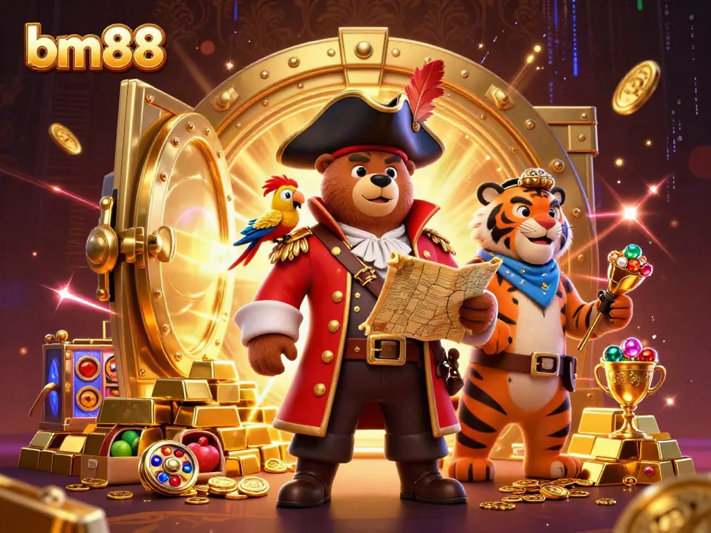 Experience the thrill of bm88 gaming with a cartoon pirate bear, tiger, and golden treasures.