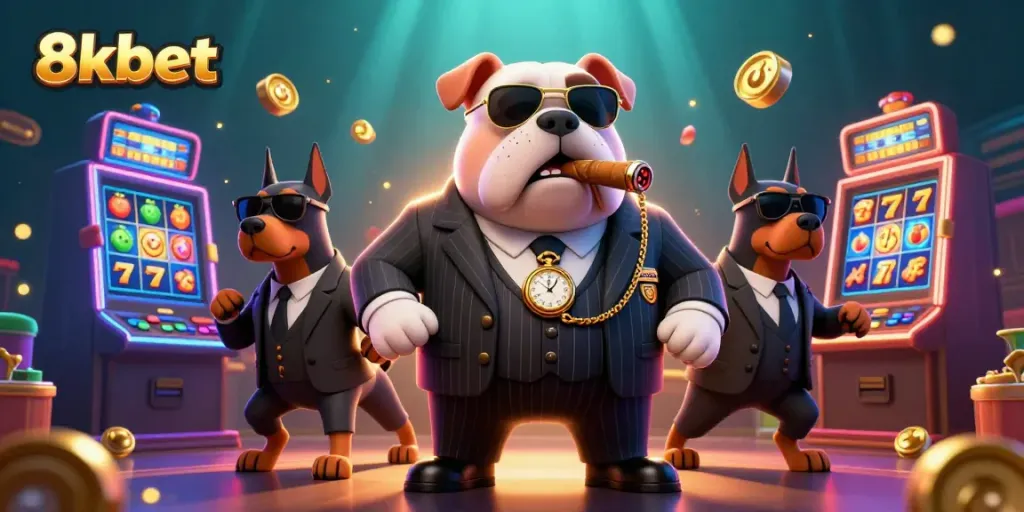 Experience thrilling gaming at 8xbet with a mafia boss and his guards amidst slot machines.
