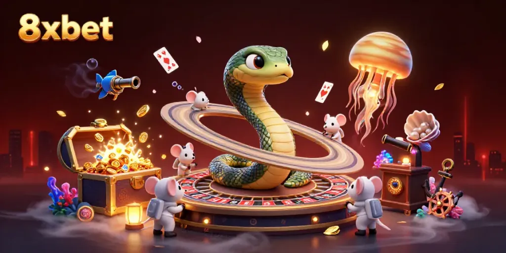 Experience the vibrant world of 8xbet with a cosmic casino scene featuring unique characters.