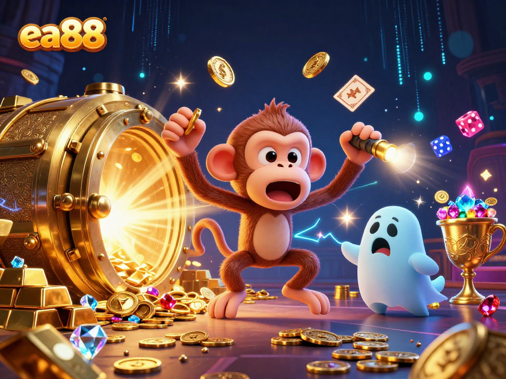 Experience thrilling gameplay at ea88 with a ghostly monkey juggling golden treasures in a haunted casino.