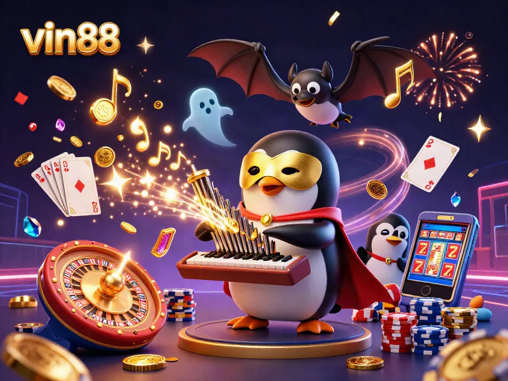 Spin the wheel and win with vin88's vibrant casino-themed illustration showcasing gaming excitement and golden rewards.