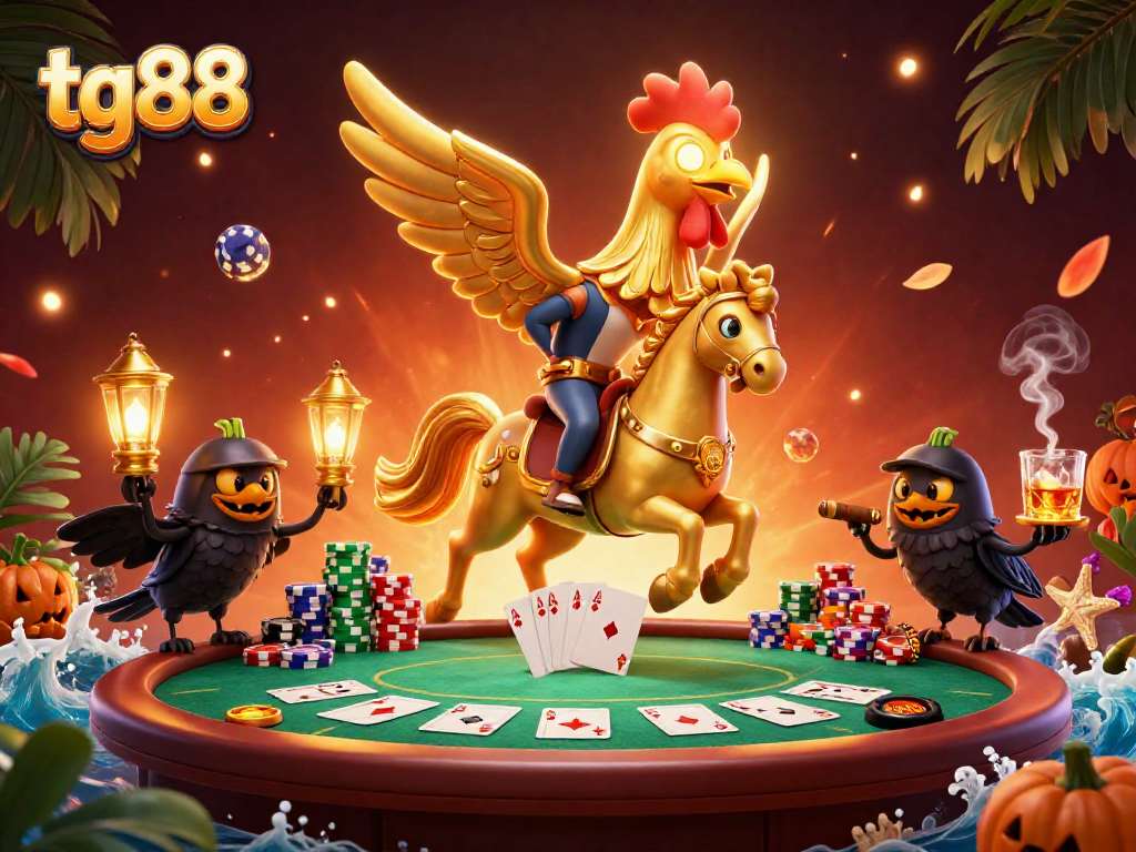 The tg88 gaming scene showcases a golden rooster headless horseman amidst vibrant casino action.