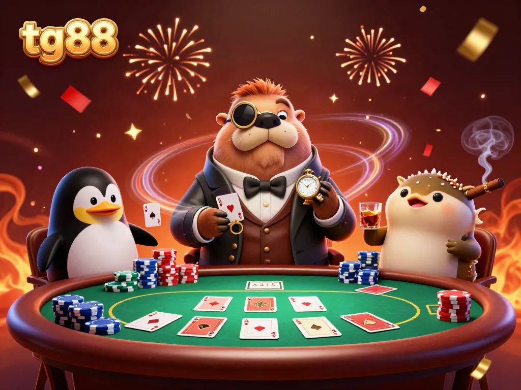 Experience thrilling poker action at tg88 with a jolly walrus and friends in an underwater setting.