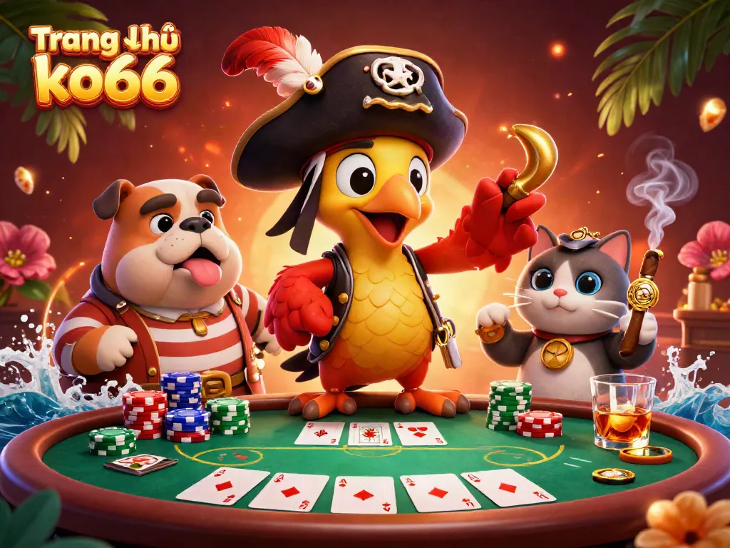 Experience the vibrant world of Trang chủ ko66 with a pirate captain, bulldog, and cat amid poker excitement.