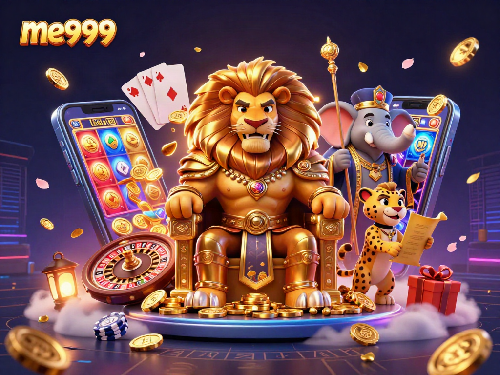 Engage in thrilling gameplay at me999, featuring a regal lion king surrounded by vibrant slots and casino elements.
