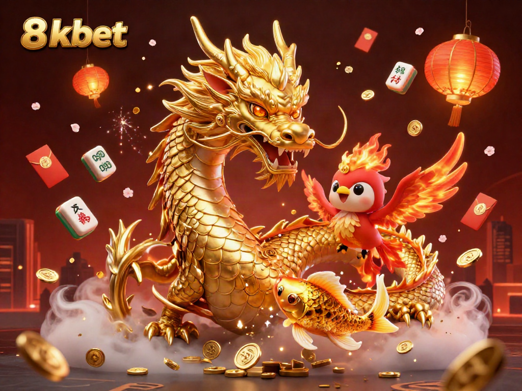 Experience the thrilling action at 8xbet with vibrant 3D illustration of a dragon, phoenix, and koi fish.