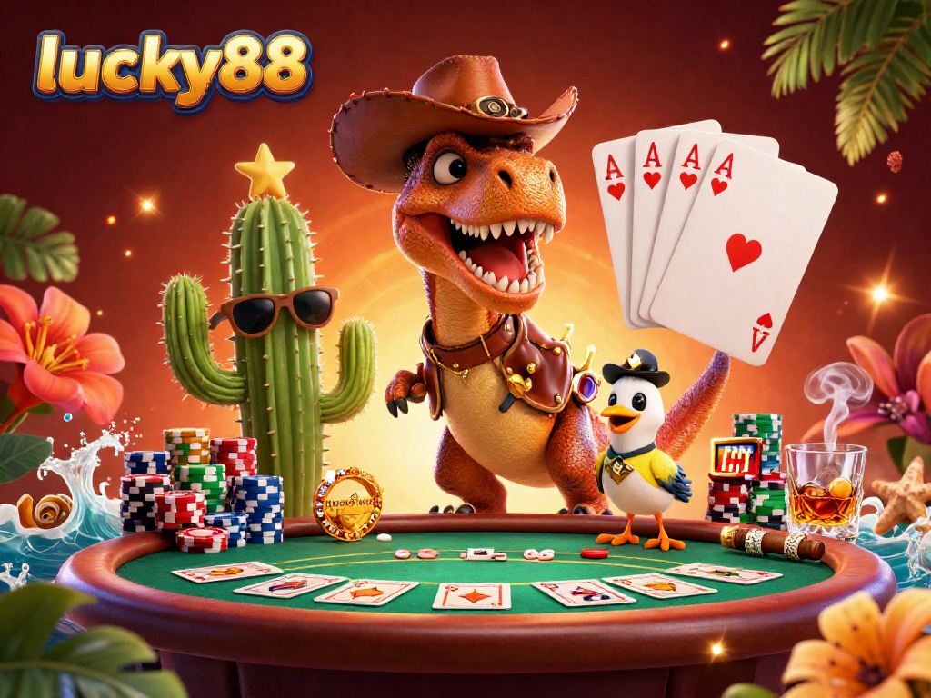Experience thrilling poker action at lucky88 with animated characters engaging at a vibrant casino scene.
