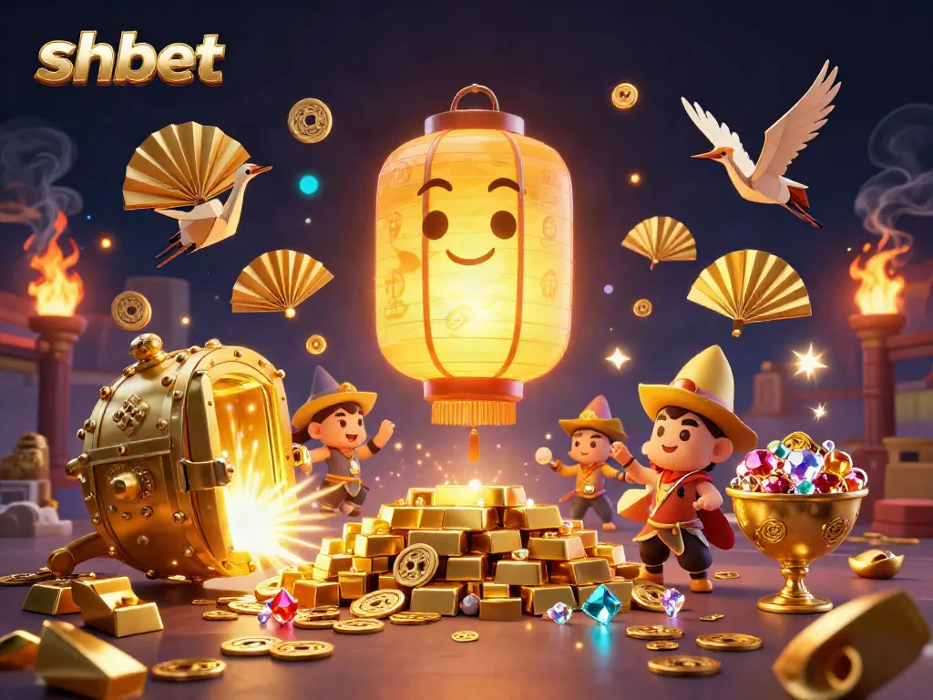 Join shbet's vibrant casino scene featuring golden treasures, luck symbols, and dynamic characters.