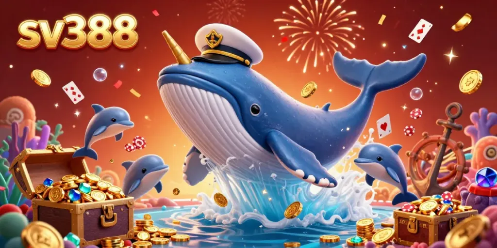 Engage in the vibrant world of sv388 as a whale breaches a sea of coins with playful dolphins and a narwhal, showcasing luck.