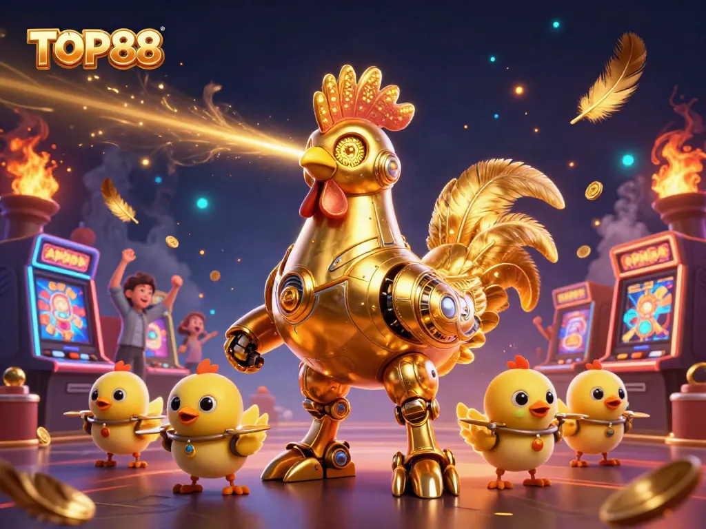 Engage in thrilling gameplay at TOP88 with vibrant slot machines and animated characters in a lively casino environment.