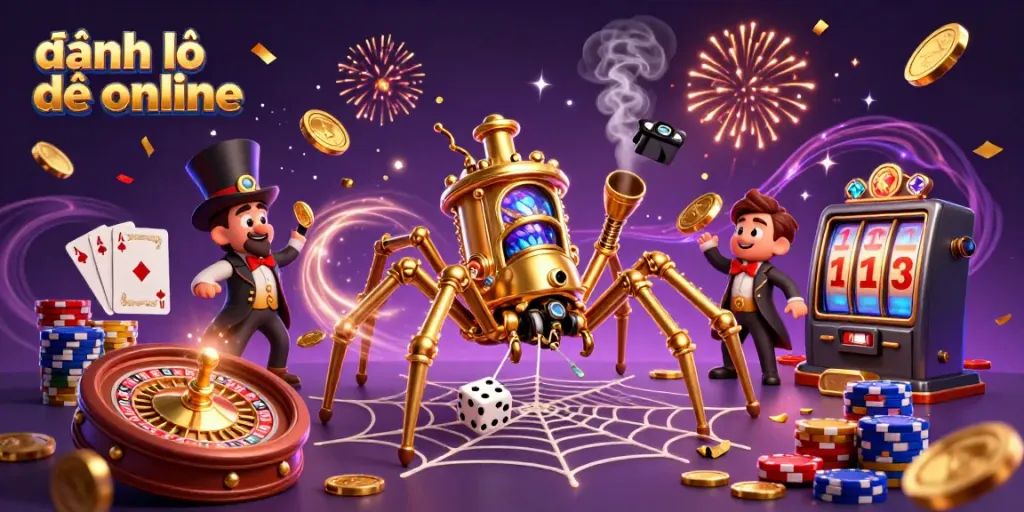 Experience the thrill of đánh lô đề online with a whimsical illustration featuring a steampunk spider and Victorian fly gentleman.