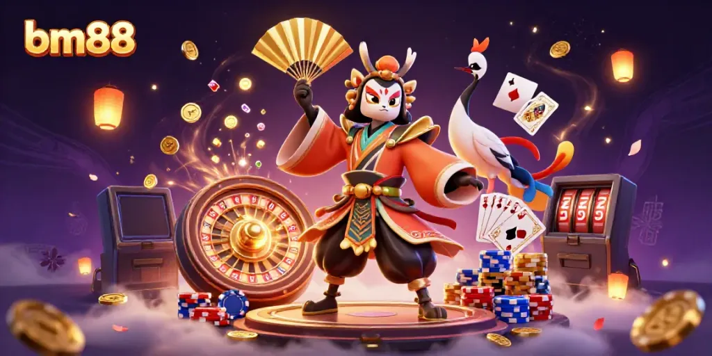 Experience the thrill of bm88 with a dynamic 3D casino scene filled with vibrant characters and sparkling game elements.