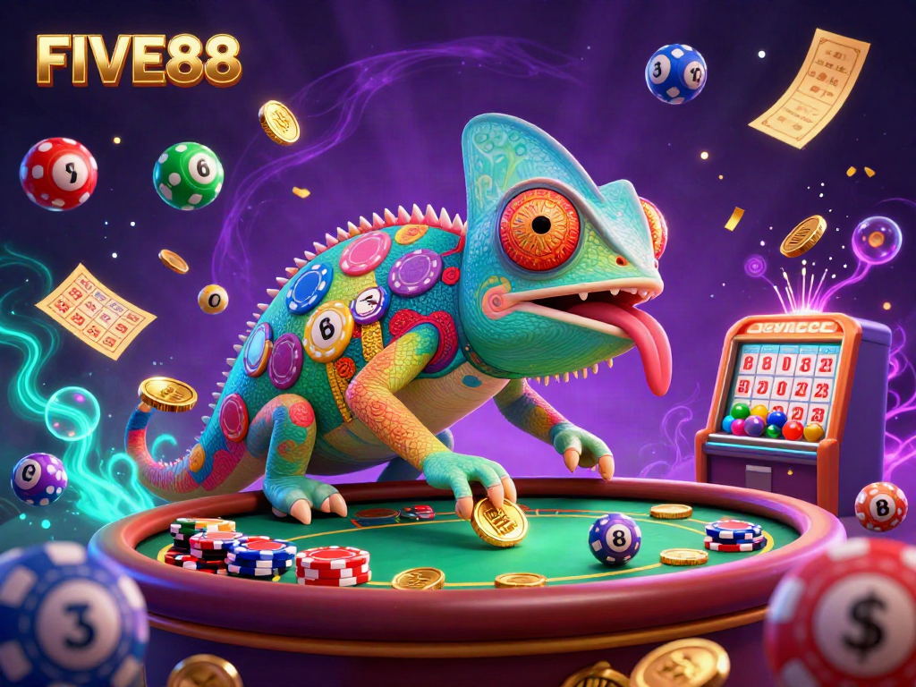 Experience vibrant casino excitement with FIVE88's dynamic chameleon owner enjoying golden coins and lottery balls.