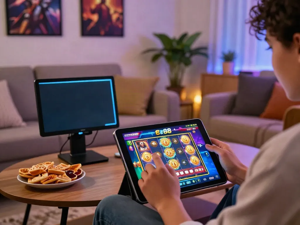 Player enjoying slot88 games on a tablet in a cozy gaming space