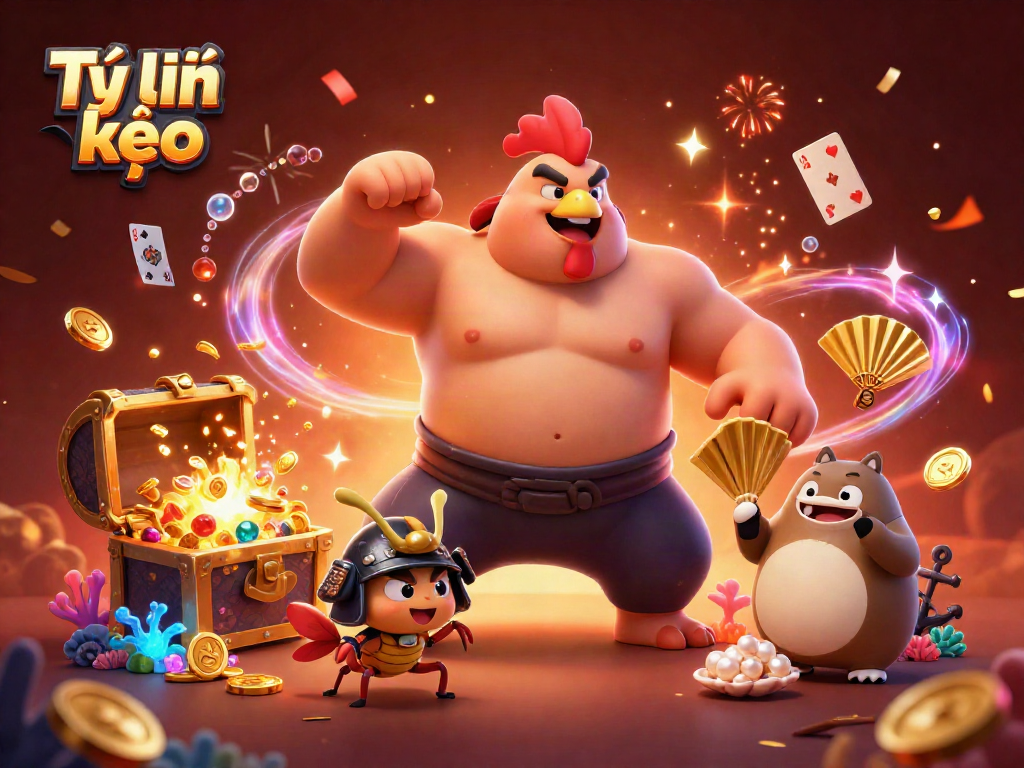 Tỷ lệ kèo showcases a dynamic casino scene featuring a powerful sumo rooster, a fierce cricket, and a tanuki with gold accents.