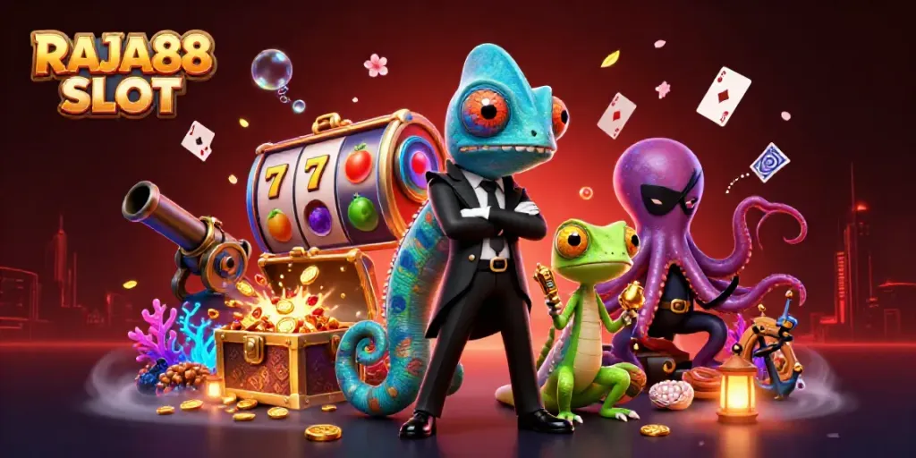 Experience the excitement of RAJA88 SLOT as animated characters thrive among colorful slot elements and treasure.