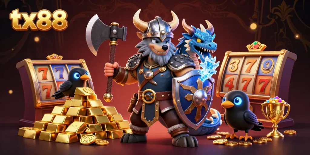 Spin the reels with tx88, featuring a Viking warrior and dragon in a vibrant casino scene.