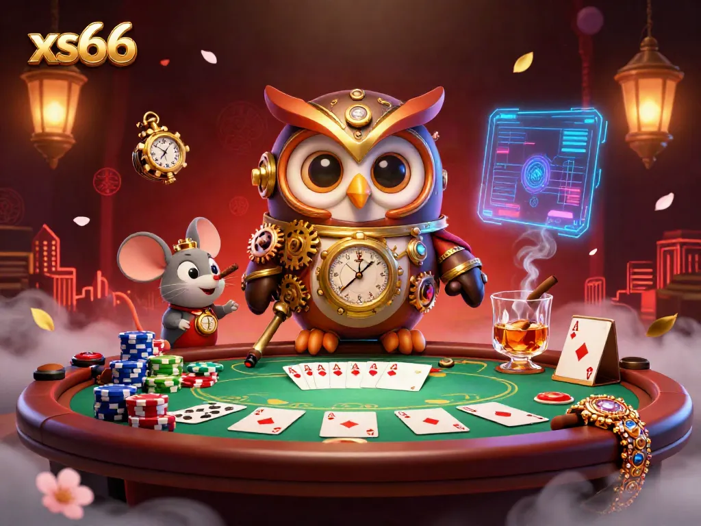 Experience the vibrant action at xs66 casino with steampunk owl and poker elements in dynamic play.