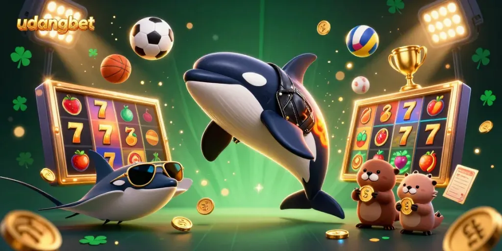 Engage with udangbet's dynamic casino world featuring an orca, stingray, and otters amidst vibrant gaming elements.