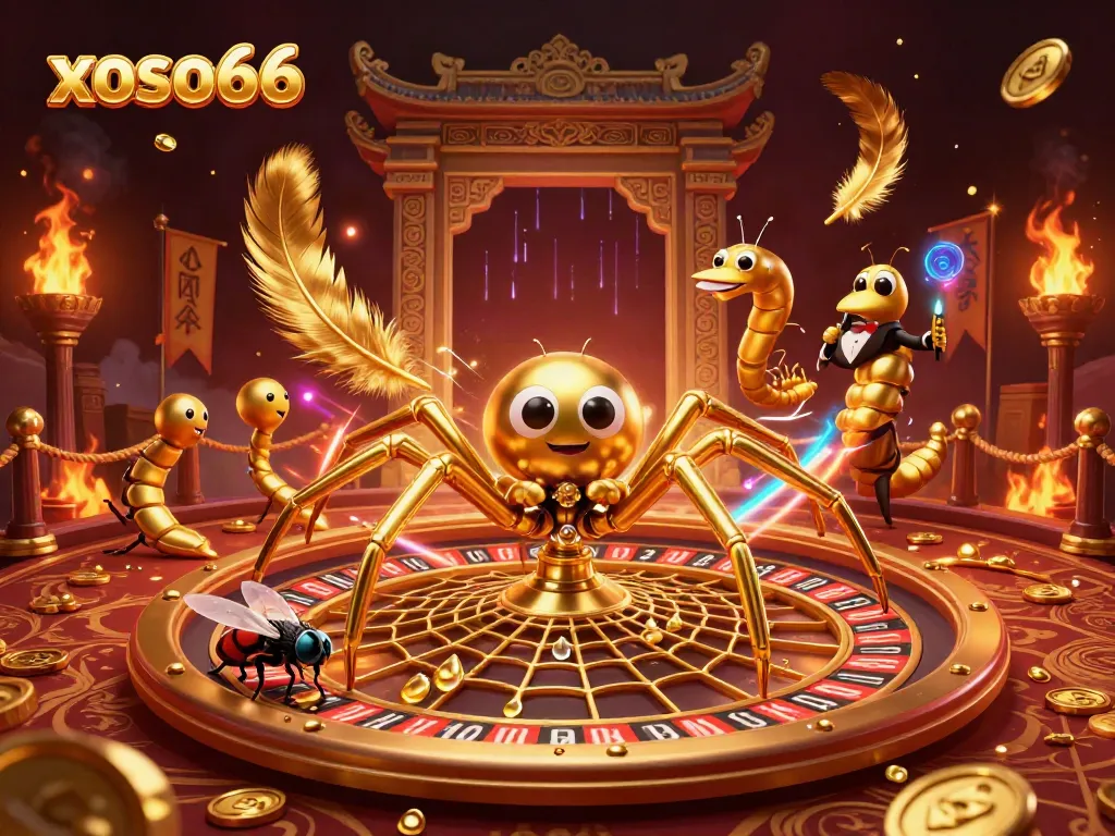 Betting with xoso66 at a vibrant virtual casino scene featuring a golden spider and centipede croupier