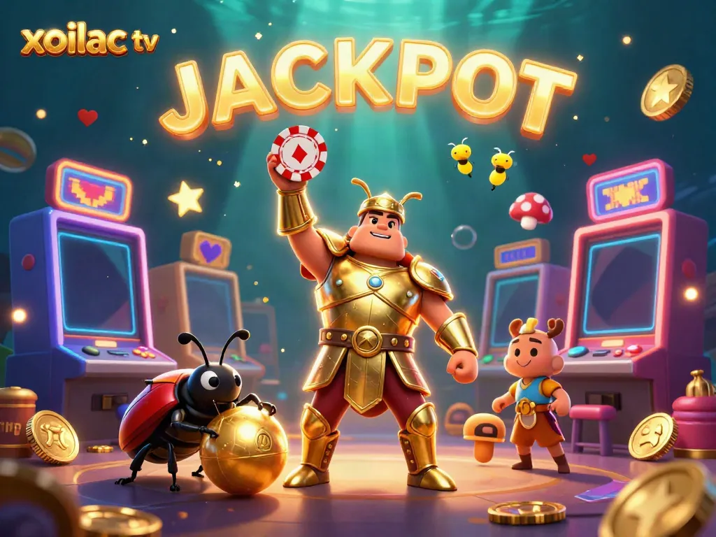 Engage with xoilac tv as a victorious beetle wins a jackpot in a colorful casino-themed illustration.