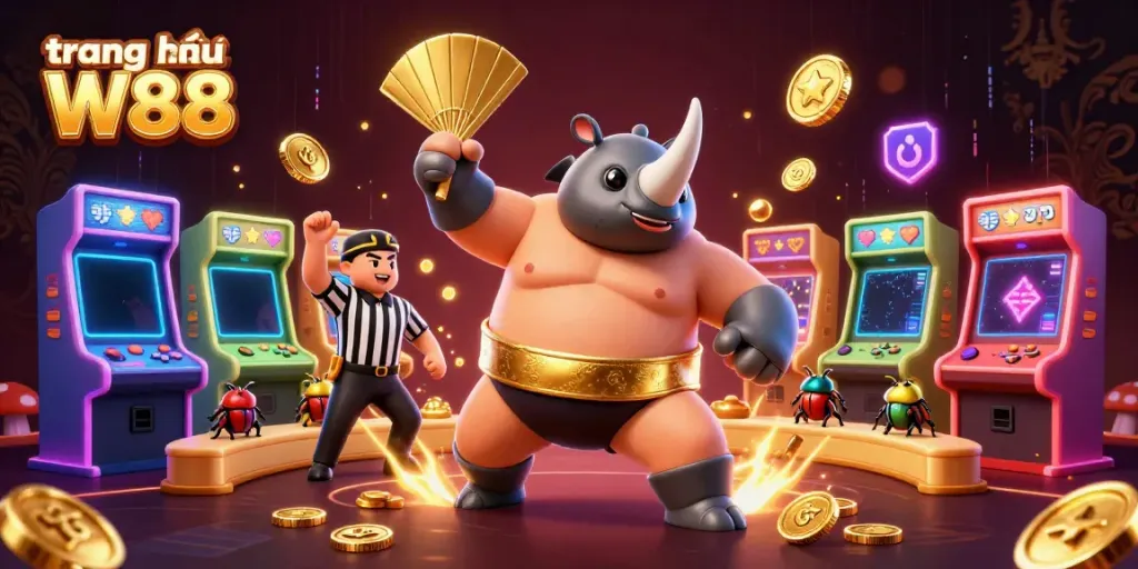 Experience thrilling gameplay at trang chủ W88 featuring colorful arcade machines and a lively cartoon scene.