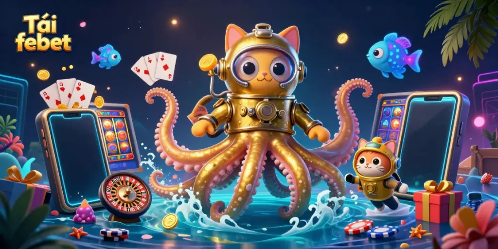 Experience thrills with Tải febet app as a colossal kraken and diving cat celebrate online gaming.