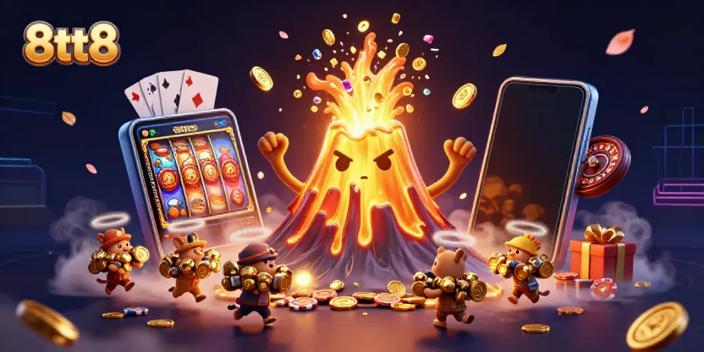 Experience excitement with 8tt8 as the golden volcano erupts coins and treasures during gameplay.